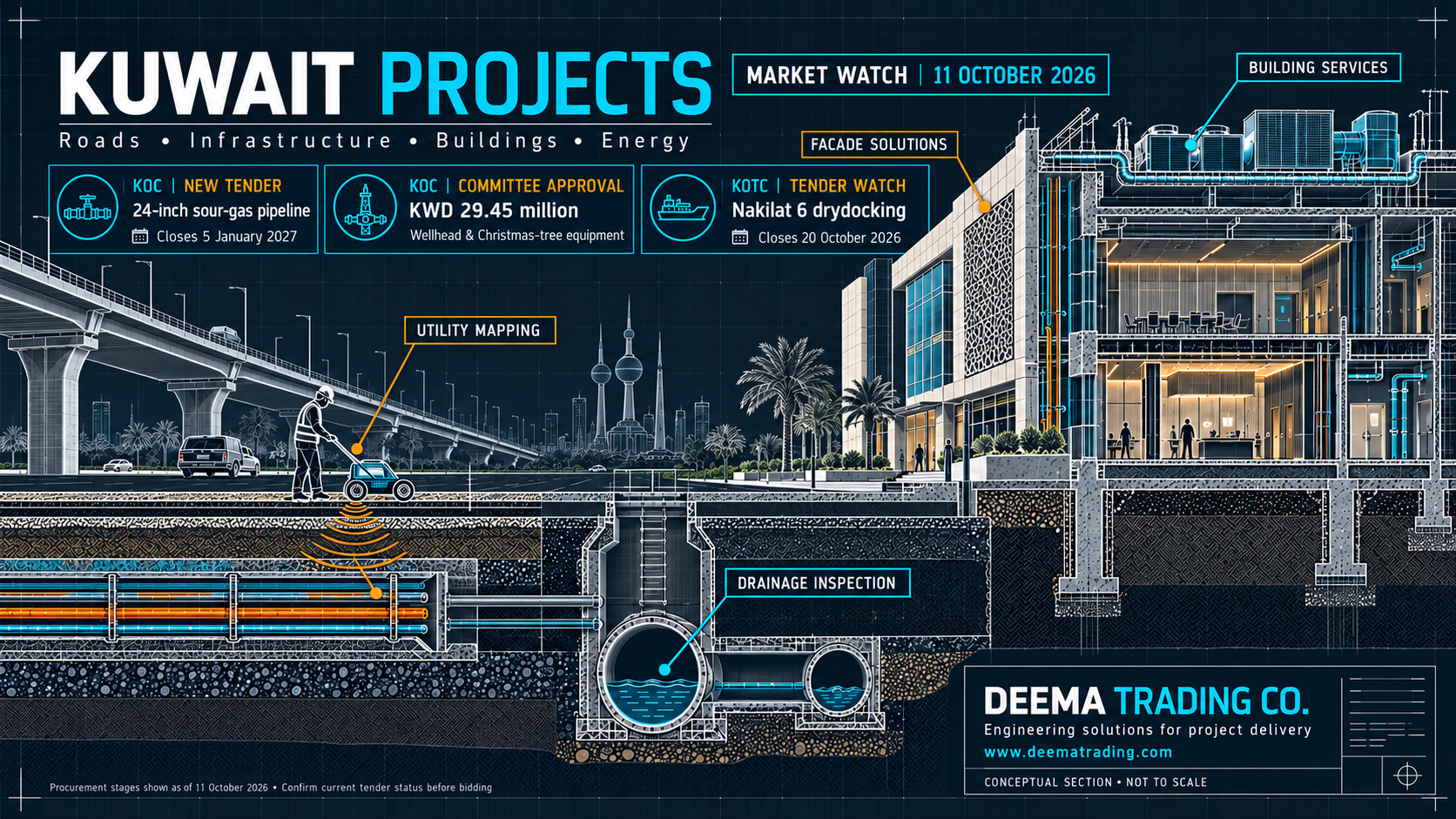 Deema Trading conceptual engineering cross-section, dated 11 October 2026, showing KOC and KOTC procurement highlights